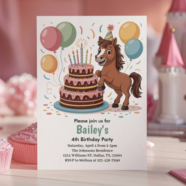 Girls Horse 4th Birthday Party Invitation (Creator Uploaded)