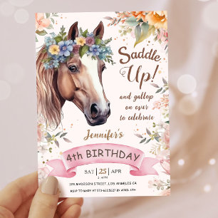 Girls Horse 4th Birthday Pink Floral Saddle Up   Invitation