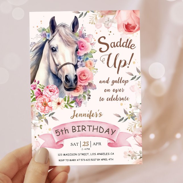 Girls Horse 5th Birthday Bloom Flowers Saddle Up! Invitation (Creator Uploaded)
