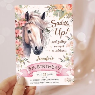 Girls Horse 5th Birthday Floral Wild Saddle Up Invitation