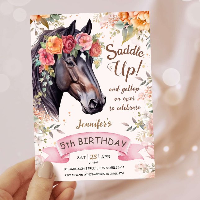 Girls Horse 5th Birthday Pink Cowgirl Saddle Up Invitation (Creator Uploaded)