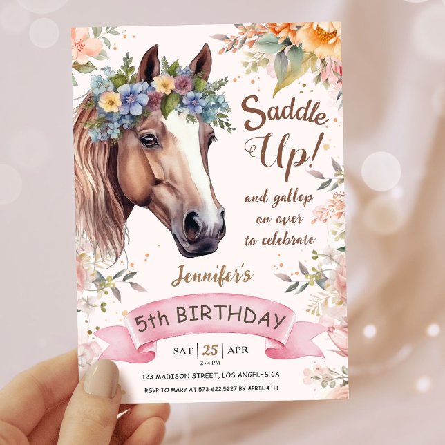 Girls Horse 5th Birthday Pink Floral Saddle Up   Invitation (Creator Uploaded)