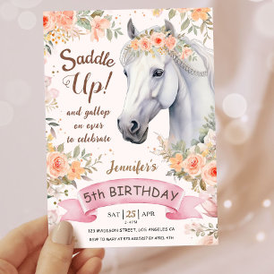 Girls Horse 5th Birthday Pink Floral Saddle Up Invitation