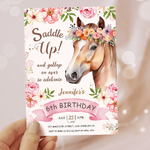 Girls Horse 6th Birthday Floral Saddle Up! Invitation