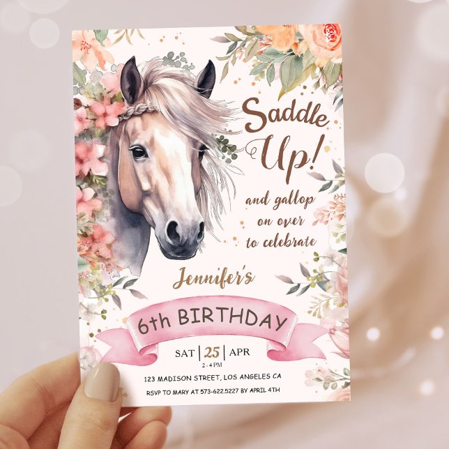 Girls Horse 6th Birthday Floral Wild Saddle Up Invitation (Creator Uploaded)
