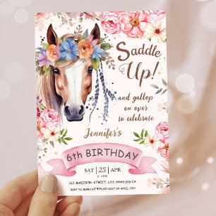 Girls Horse 6th Birthday Pink Floral Cowgirl Invitation
