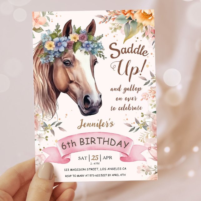 Girls Horse 6th Birthday Pink Floral Saddle Up   Invitation (Creator Uploaded)