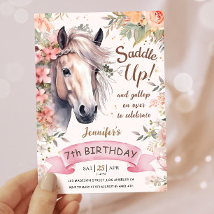 Girls Horse 7th Birthday Floral Wild Saddle Up Invitation