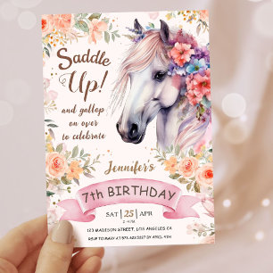Girls Horse 7th Birthday Pink Flowers Saddle Up! Invitation