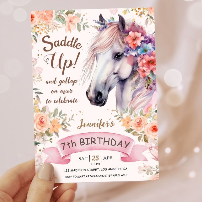 Girls Horse 7th Birthday Pink Flowers Saddle Up!  Invitation (Creator Uploaded)