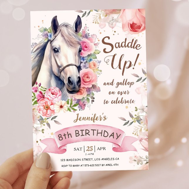 Girls Horse 8th Birthday Bloom Flowers Saddle Up! Invitation (Creator Uploaded)