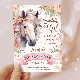 Girls Horse 8th Birthday Floral Wild Saddle Up Invitation