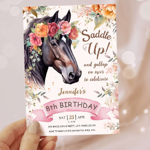 Girls Horse 8th Birthday Pink Cowgirl Saddle Up Invitation