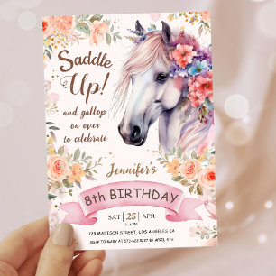 Girls Horse 8th Birthday Pink Flowers Saddle Up!  Invitation