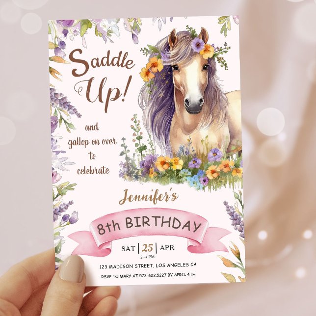 Girls Horse 8th Birthday Purple Floral Saddle Up Invitation (Creator Uploaded)