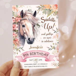 Girls Horse 9th Birthday Floral Wild Saddle Up Invitation