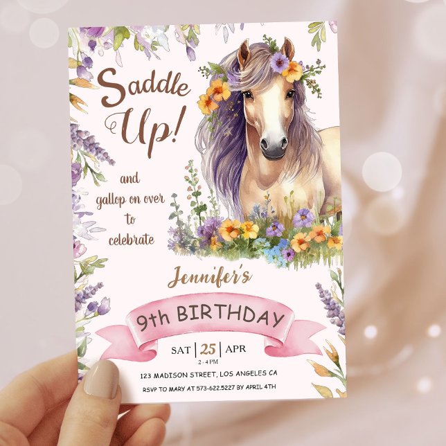 Girls Horse 9th Birthday Purple Floral Saddle Up Invitation (Creator Uploaded)