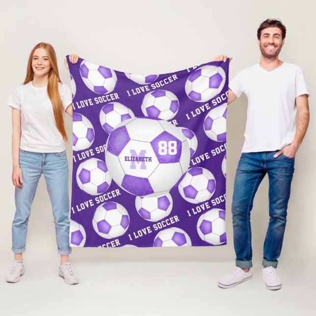 girls I love soccer text purple white black Fleece Blanket (In Situ)