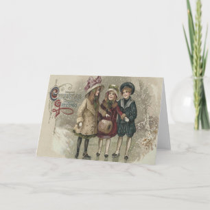 Girls Ice Skating Snow Frozen Pond Holiday Card