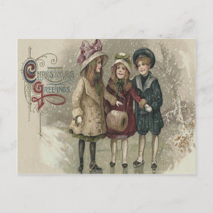 Girls Ice Skating Snow Frozen Pond Postcard