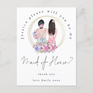 Girls Illustration Be My Maid of Honour Script Invitation Postcard