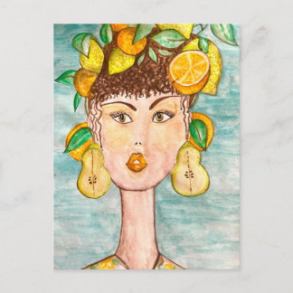 Girl's Illustration with Fruit on Her Head Postcard