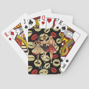 Girls in Glam Gold Black Red Dresses Lips Kiss Playing Cards