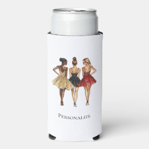 Girls in Glam Gold Black Red Dresses Seltzer Can Cooler