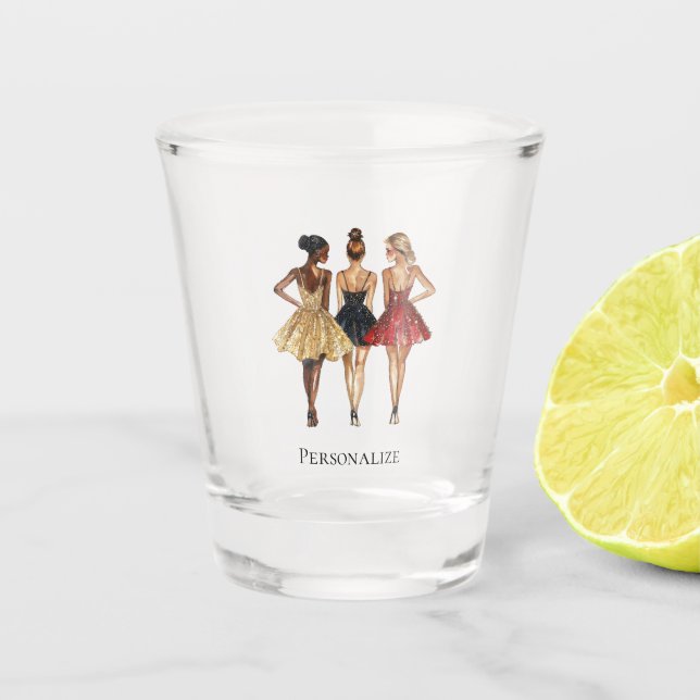 Girls in Glam Gold Black Red Dresses Shot Glass (Front)