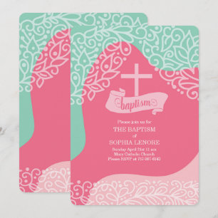 Girls in Pink and Sea Green with Cross Baptism Invitation