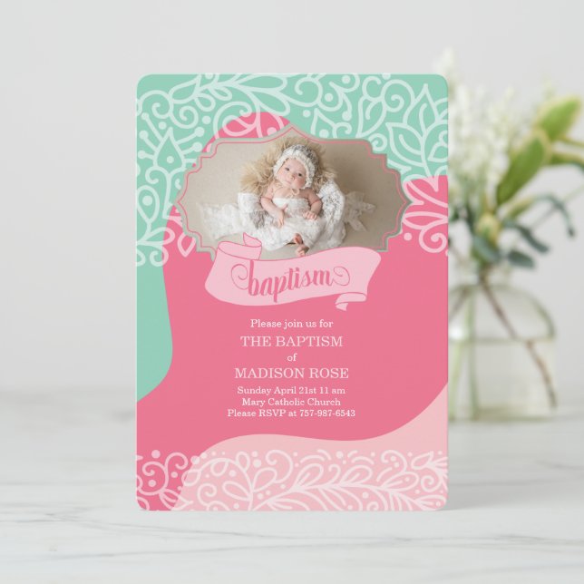 Girls in Pink and Sea Green with Photo Baptism Invitation (Standing Front)