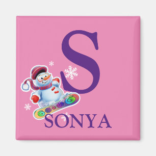 Girl's initial Snowboarding snowman fridge magnet