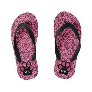 Girls Initials on Pink Cheetah Cat Paw Print Kid's Thongs