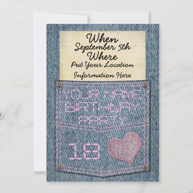 Girls Jeans Pocket Birthday Party Invitations (Back)