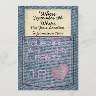 Girls Jeans Pocket Birthday Party Invitations