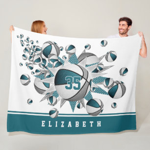 girls jersey number basketballs stars teal grey fleece blanket