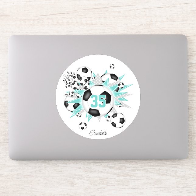 girls jersey number soccer balls stars light teal (Computer)