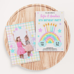 Girl's Joint Birthday Rainbow Theme With Photo Invitation