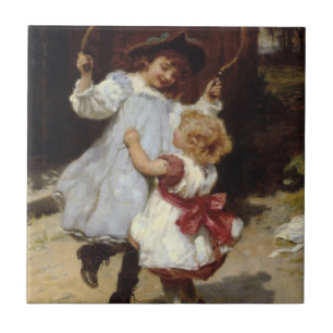 Girls Jumping with a Skipping Rope Ceramic Tile
