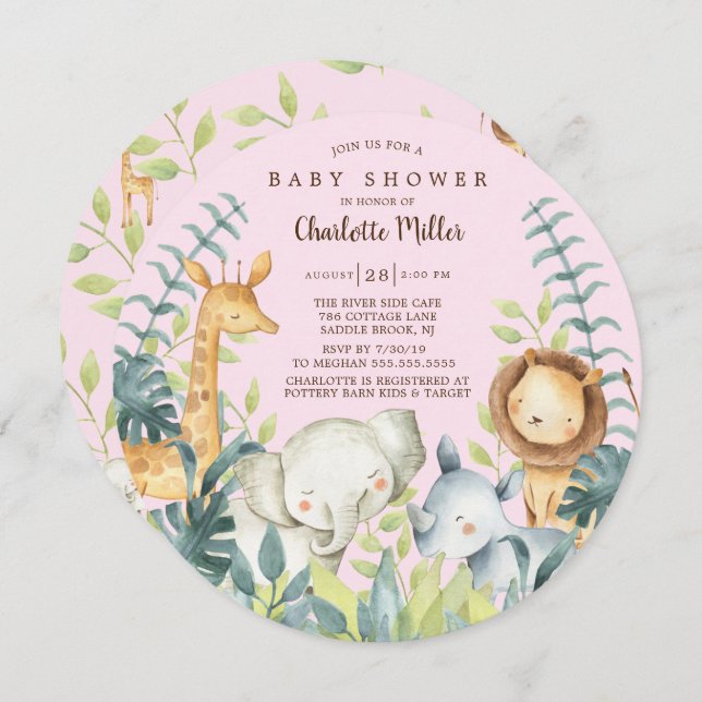 Girls Jungle Animals Baby Shower Invitation (Front/Back)