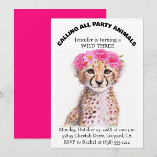 Girl's Jungle Safari Animals Baby Cheetah Birthday Invitation