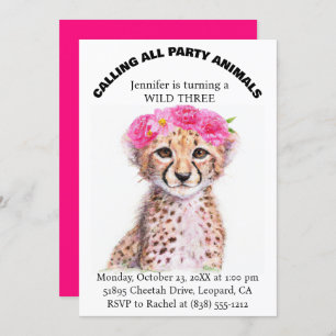 Girl's Jungle Safari Animals Baby Cheetah Birthday Invitation