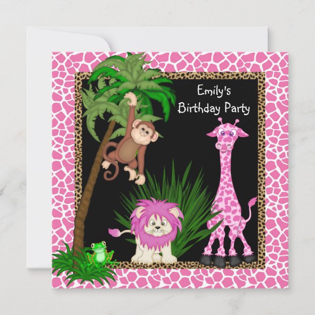 Girls Jungle Safari Birthday Party Invitations (Front)