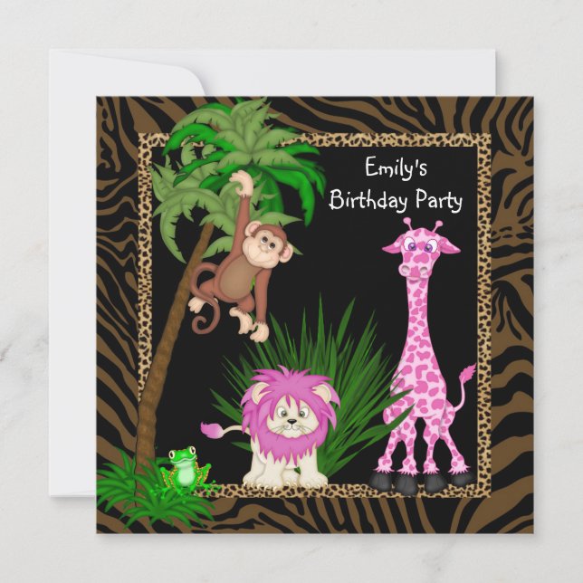 Girls Jungle Safari Birthday Party Invitations (Front)