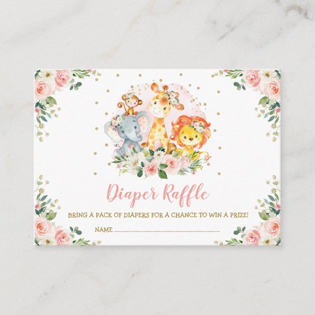 Girls Jungle Safari Wild Animals Diaper Raffle Enclosure Card (Front)