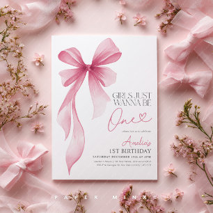Girls just wanna be ONE! 1st Birthday Pink Bow Invitation