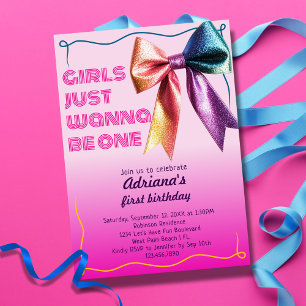 Girls Just Wanna Be One 80s 90s 1st Birthday Party Invitation