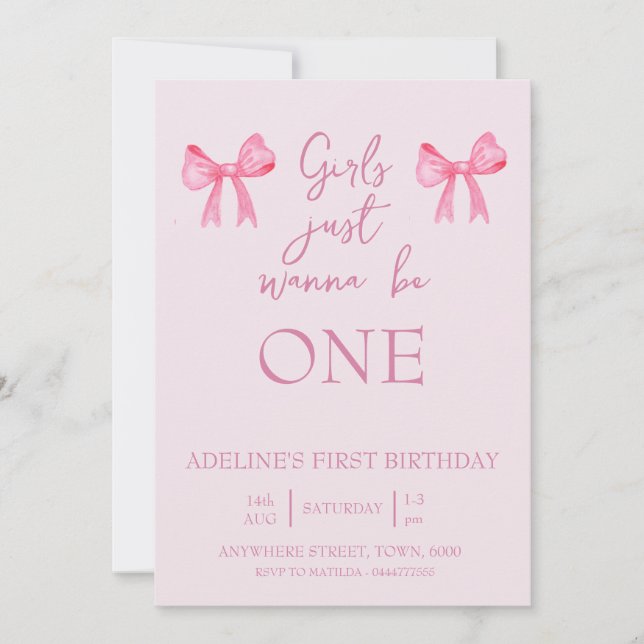 Girls just wanna be ONE. birthday invite pink (Front)