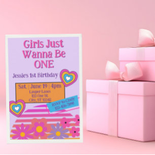 Girls Just Wanna Be One, Colourful 80s 1st Birthda Invitation