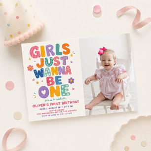 Girls Just Wanna Be One Colourful Birthday Photo Invitation
